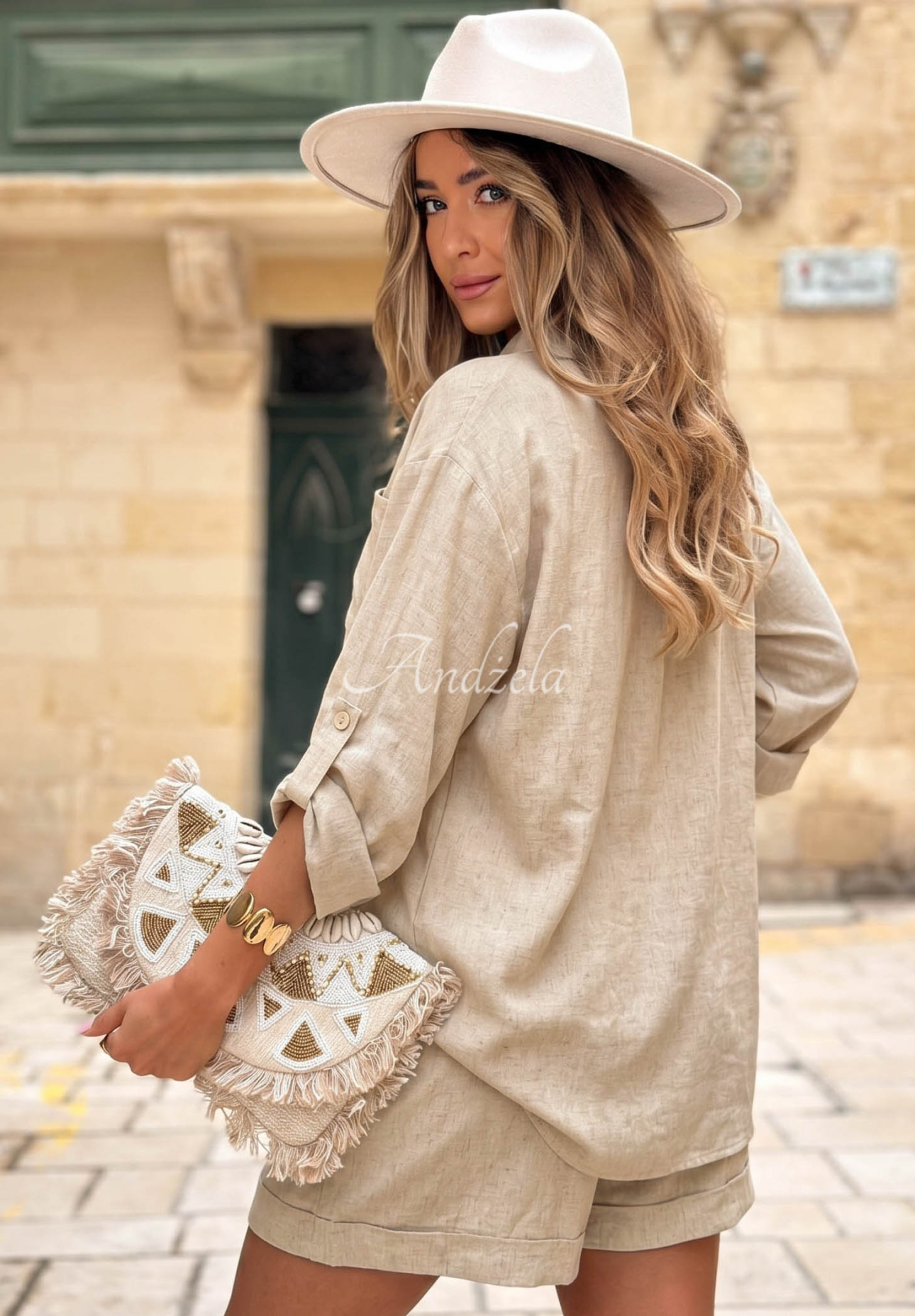 City Safari Beige Linen Shirt and Shorts Set