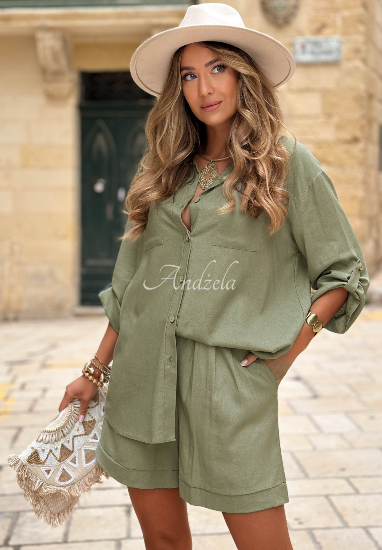 City Safari khaki linen shirt and shorts set