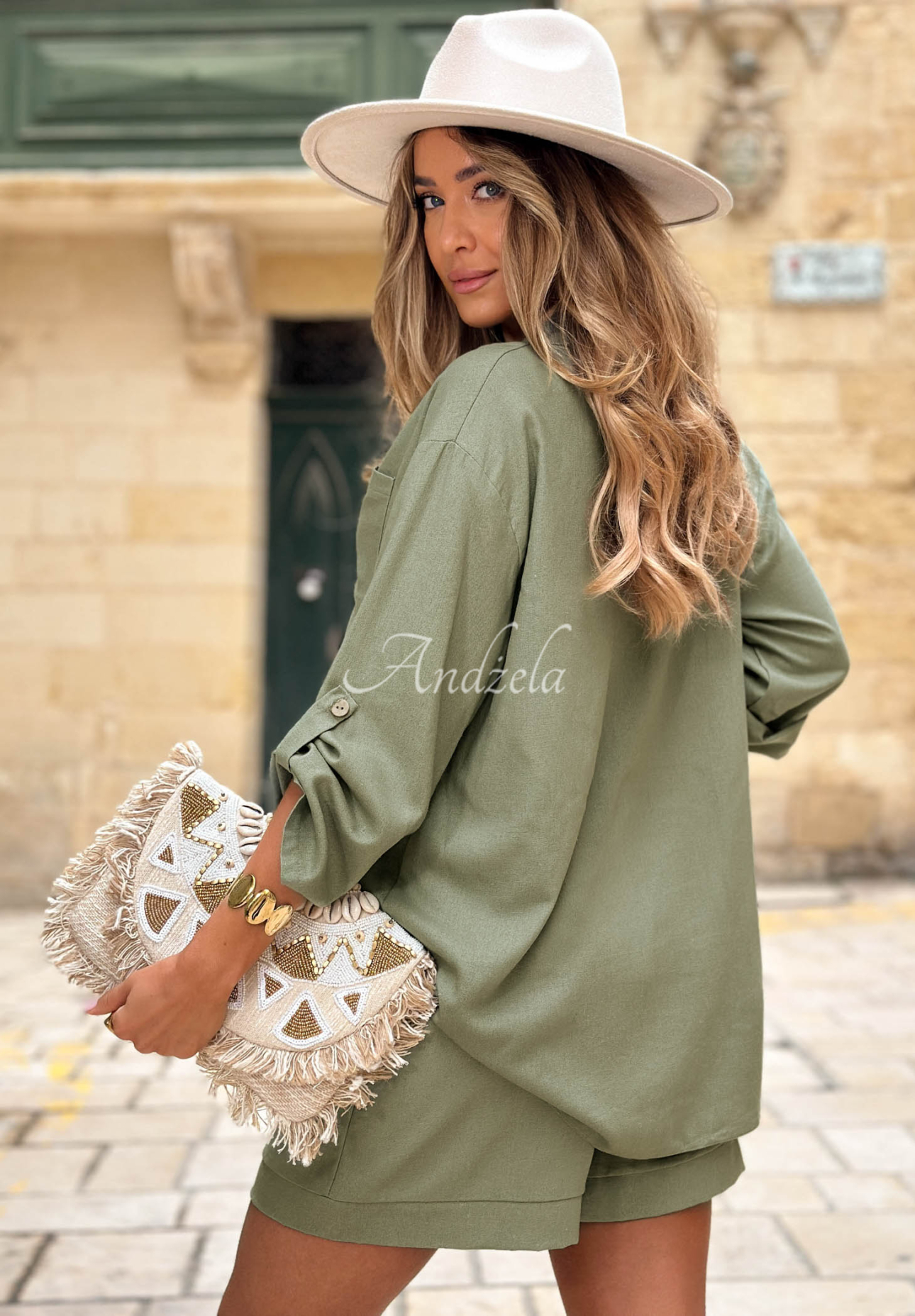 City Safari khaki linen shirt and shorts set