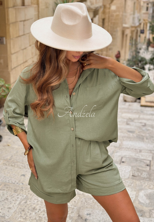 City Safari khaki linen shirt and shorts set