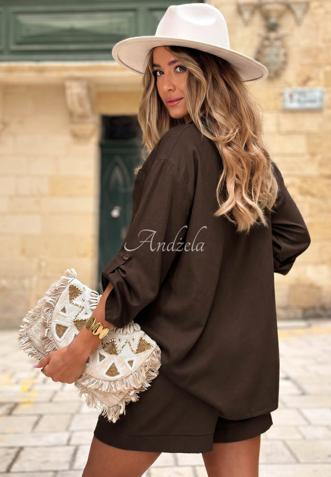 City Safari Chocolate Linen Shirt and Shorts Set
