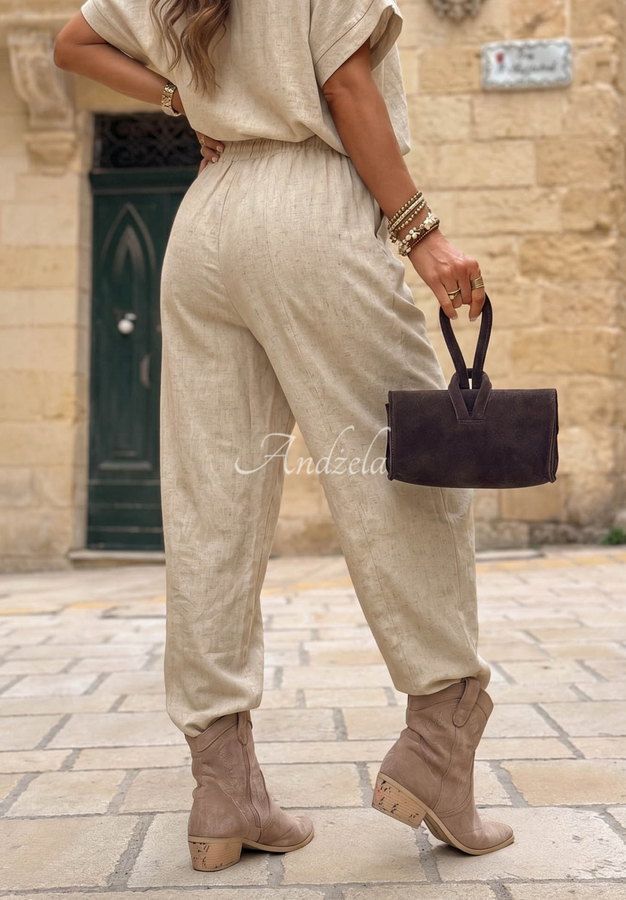City Safari Beige Linen Blouse and Pants Set