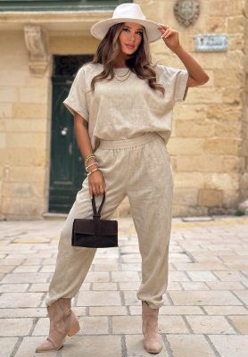 City Safari Beige Linen Blouse and Pants Set