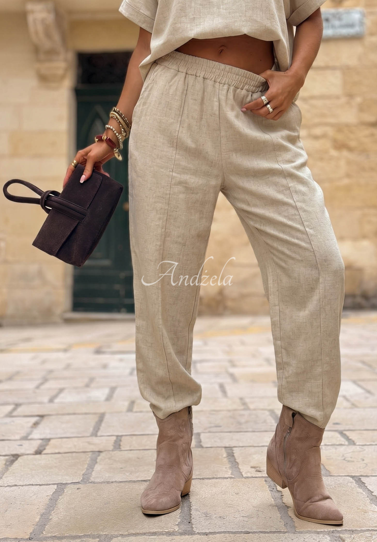 City Safari Beige Linen Blouse and Pants Set