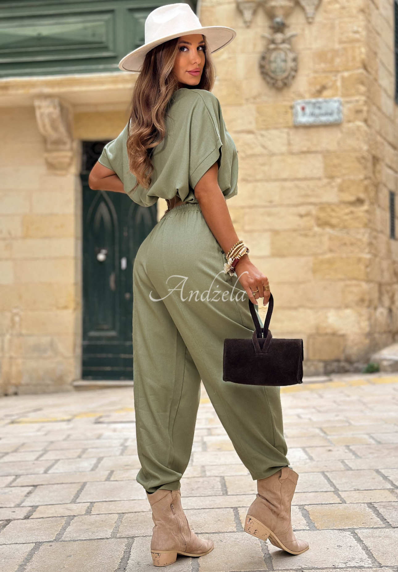 City Safari khaki linen blouse and pants set