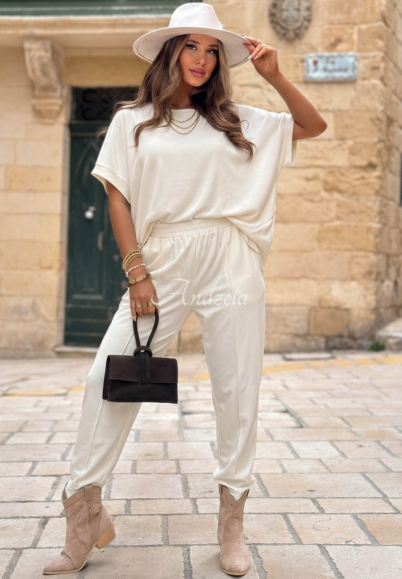 City Safari ecru linen blouse and pants set