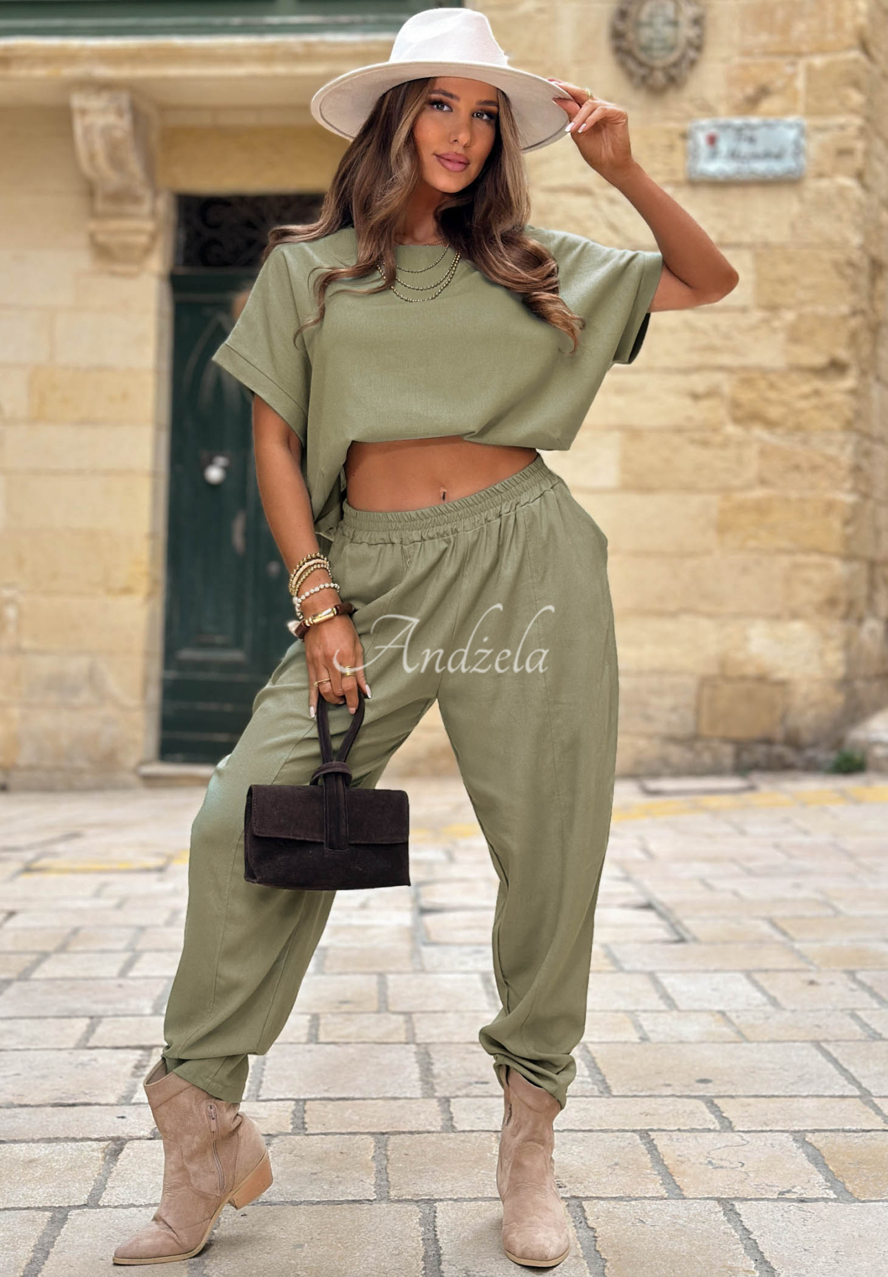 City Safari khaki linen blouse and pants set