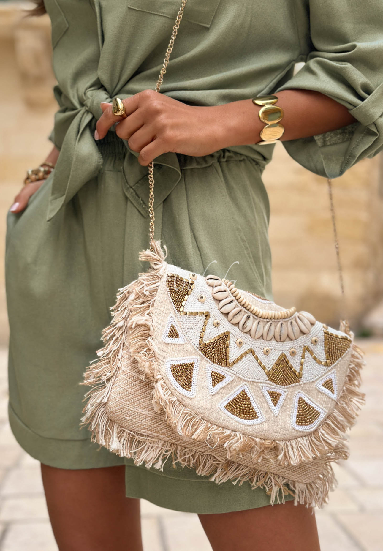 Admire Sun Beige Boho Beaded Handbag with Fringes