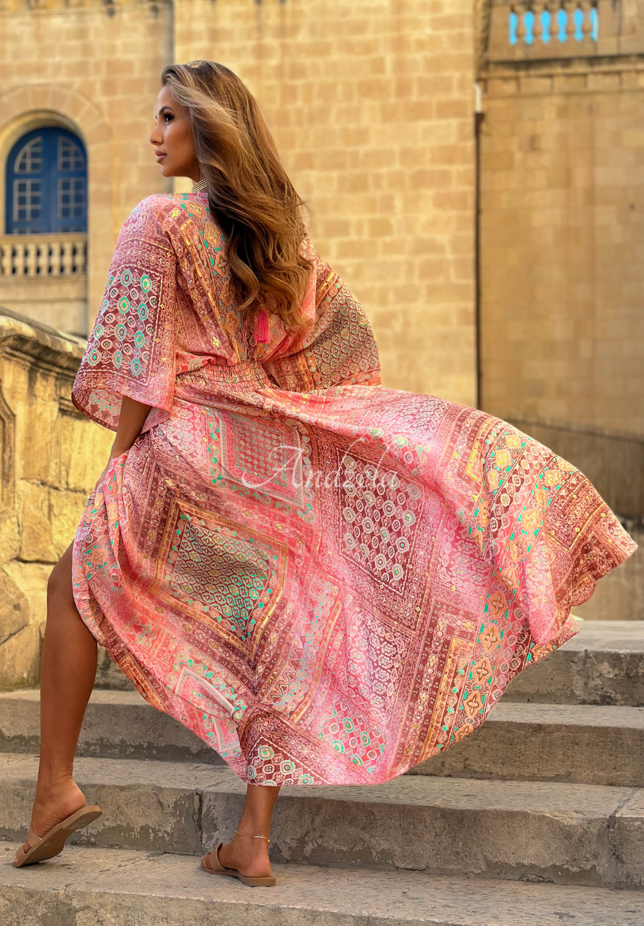 Sun Rituals Pink Patterned Maxi Dress with Wide Sleeves