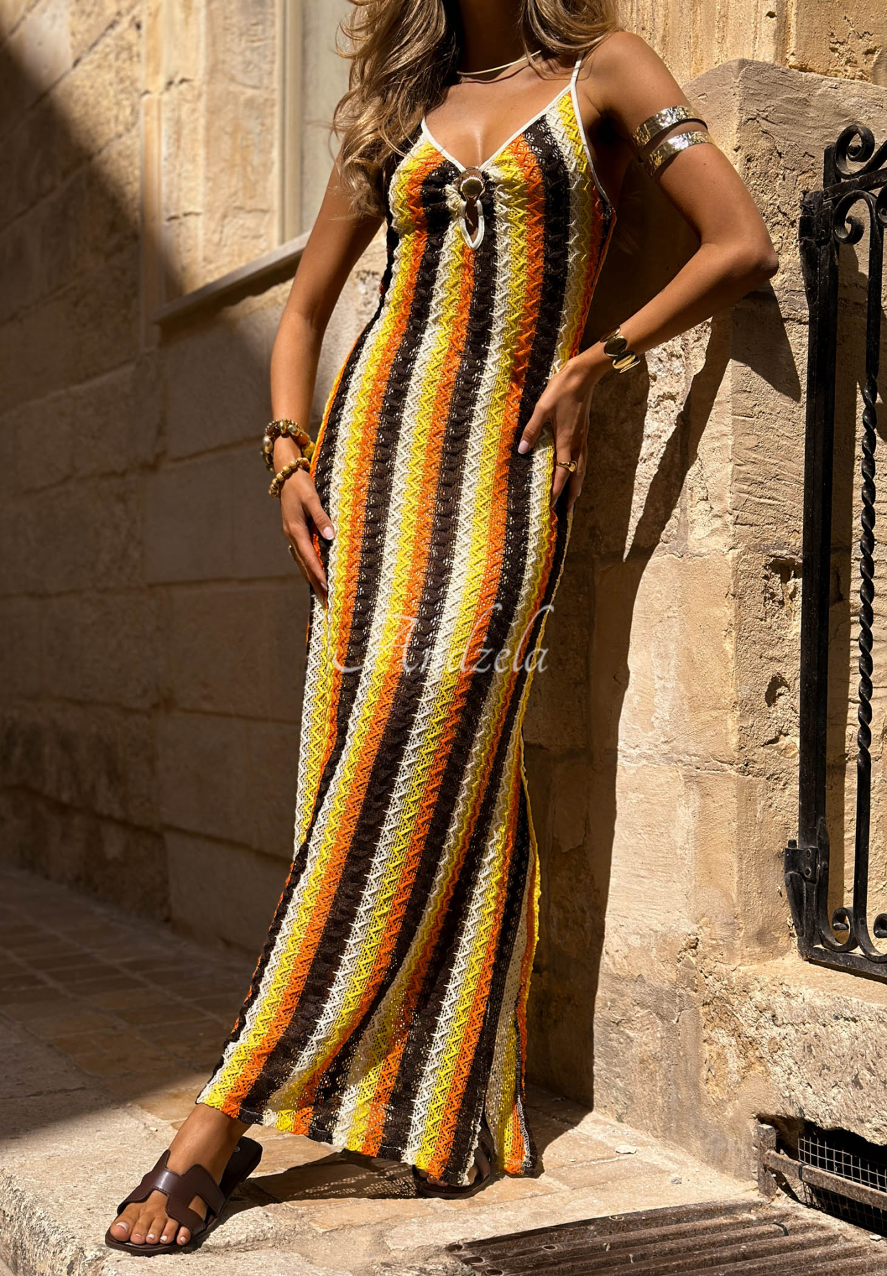 Oh Mamma Mia orange-and-chocolate-colored openwork strapless dress with colorful stripes