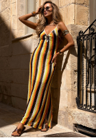 Oh Mamma Mia orange-and-chocolate-colored openwork strapless dress with colorful stripes