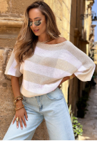 Sweter tunika oversize w paski Dara biało-beżowy