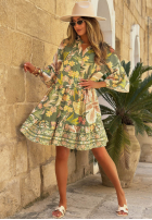 Rozkloszowana sukienka w kwiaty Island Bloom khaki