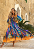 Wzorzysta sukienka maxi Sunset Ocean pomarańczowo-granatowa