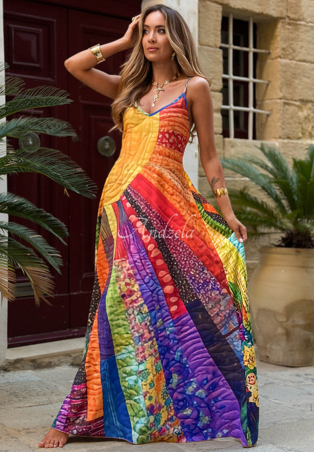 Summer Sun Yellow Patterned Maxi Dress with Straps