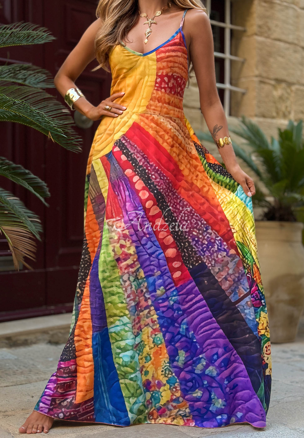 Summer Sun Yellow Patterned Maxi Dress with Straps