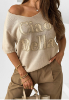 Sweter na krótki rękaw z nadrukiem Ciao Bella ecru