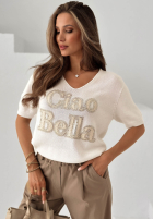 Sweter na krótki rękaw z nadrukiem Ciao Bella ecru