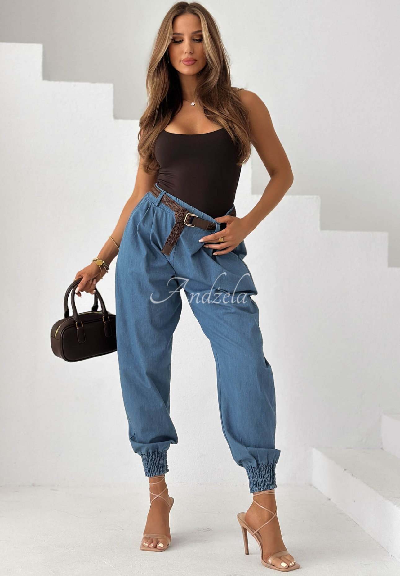 Sea Free Blue Cotton Jogger Pants with a Belt