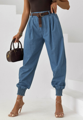 Sea Free Blue Cotton Jogger Pants with a Belt