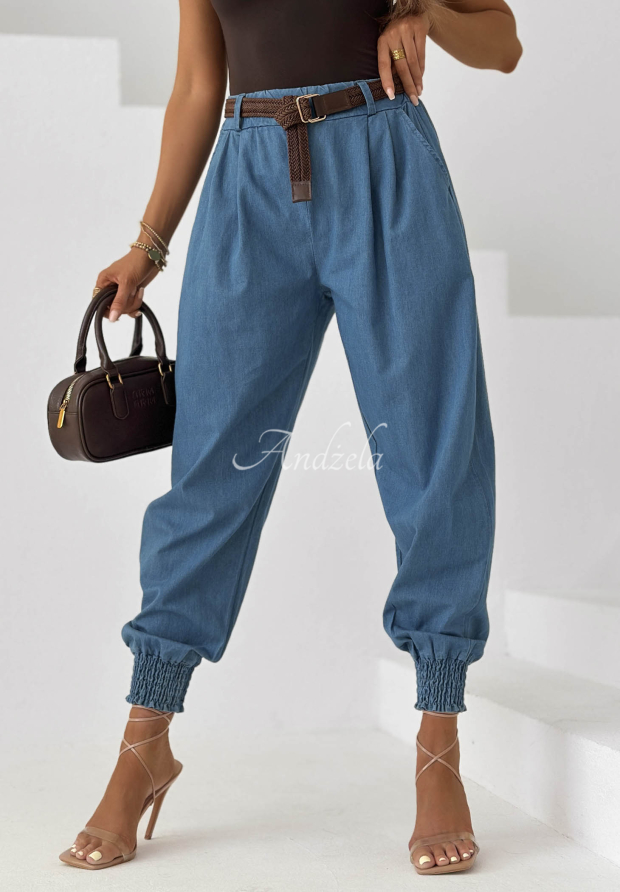 Sea Free Blue Cotton Jogger Pants with a Belt