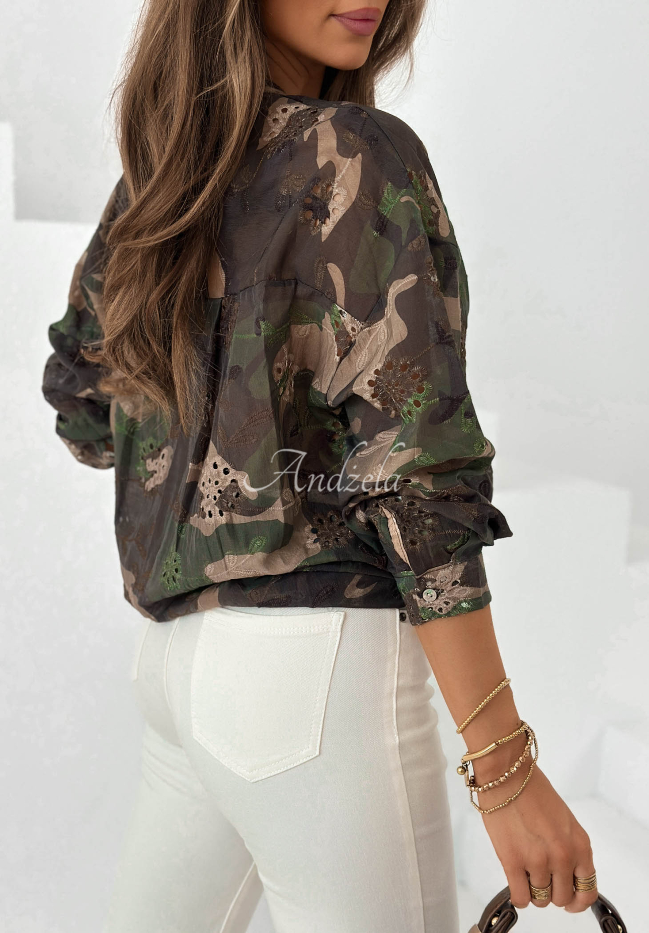 Forest Kiss khaki camouflage lyocell openwork shirt