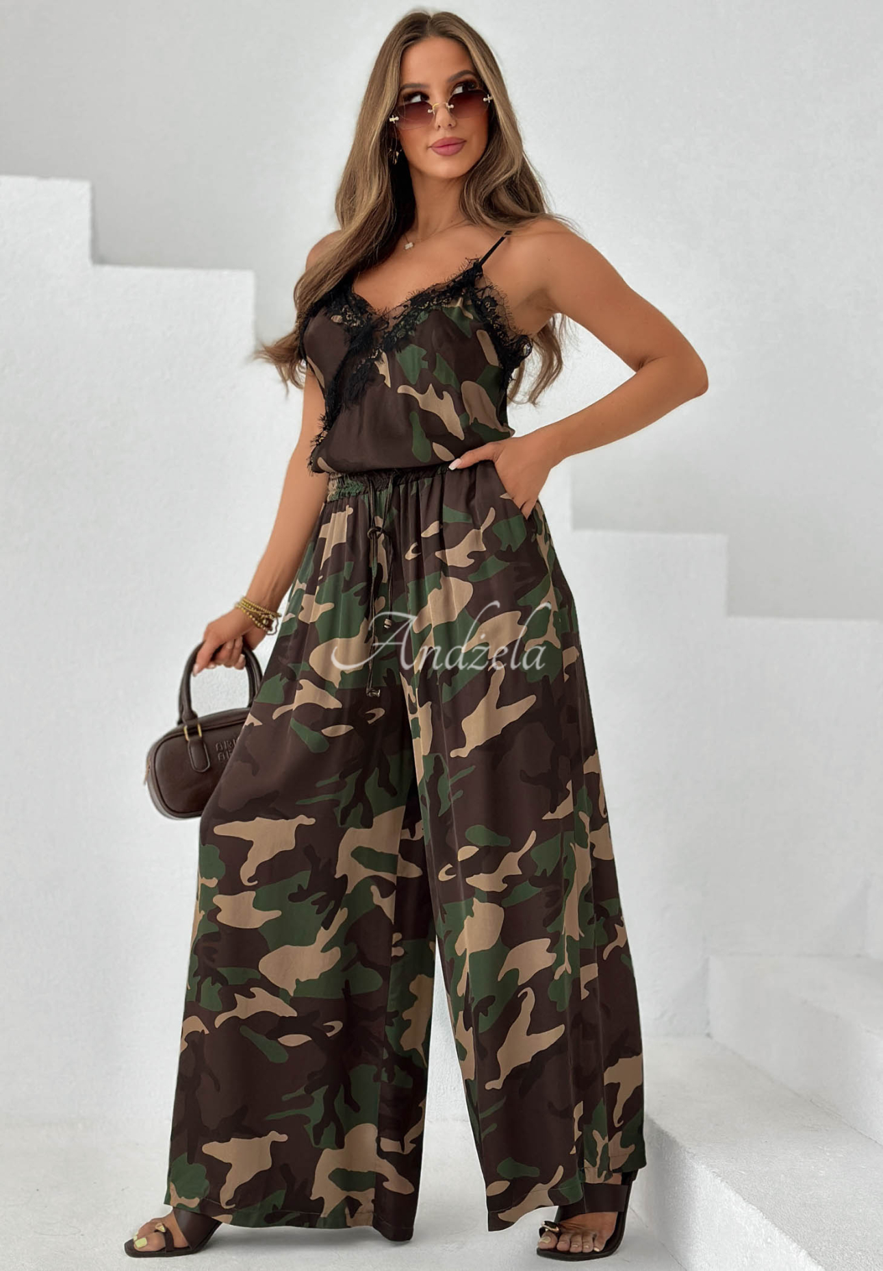 Wiskozowy top z koronką moro Fancy Cover khaki