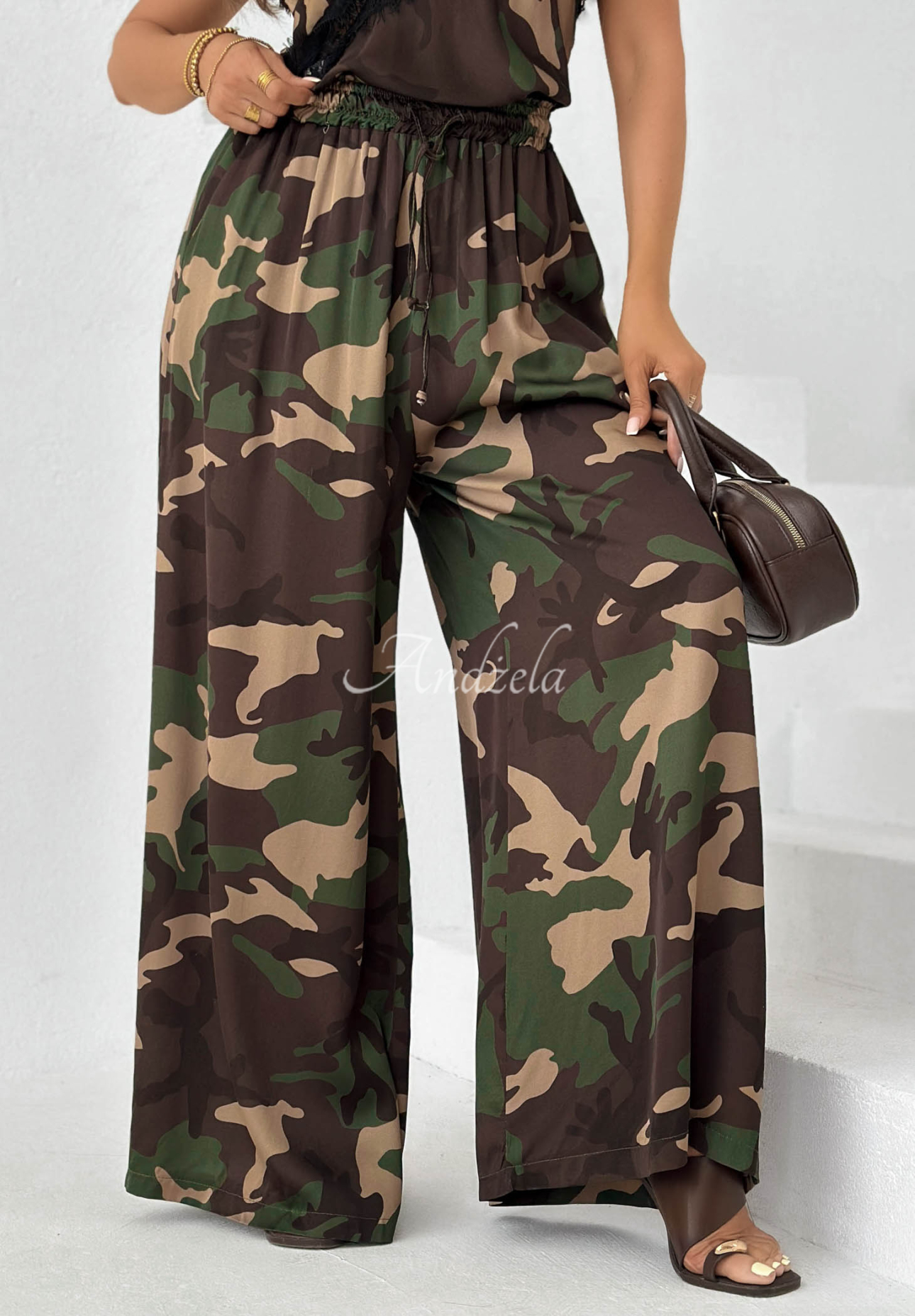 Wiskozowe spodnie wide leg moro Fancy Cover khaki