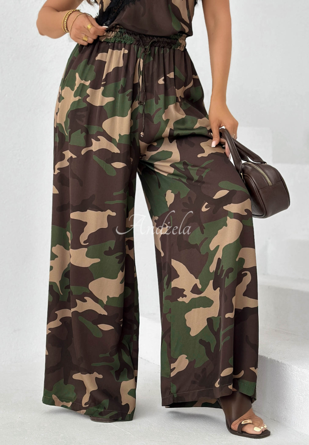 Wiskozowe spodnie wide leg moro Fancy Cover khaki