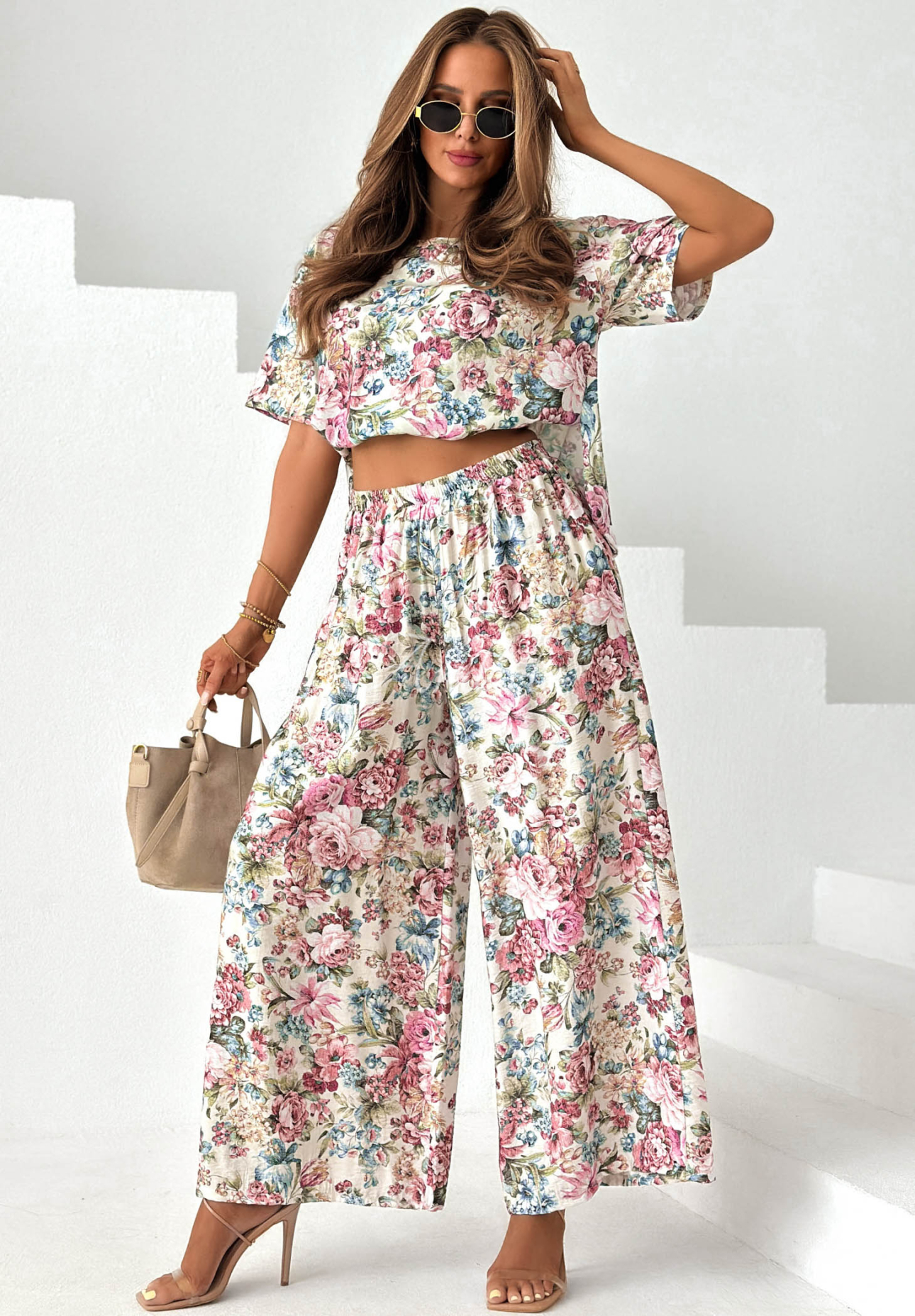 Flora Amora Beige Wide-Leg Viscose Pants