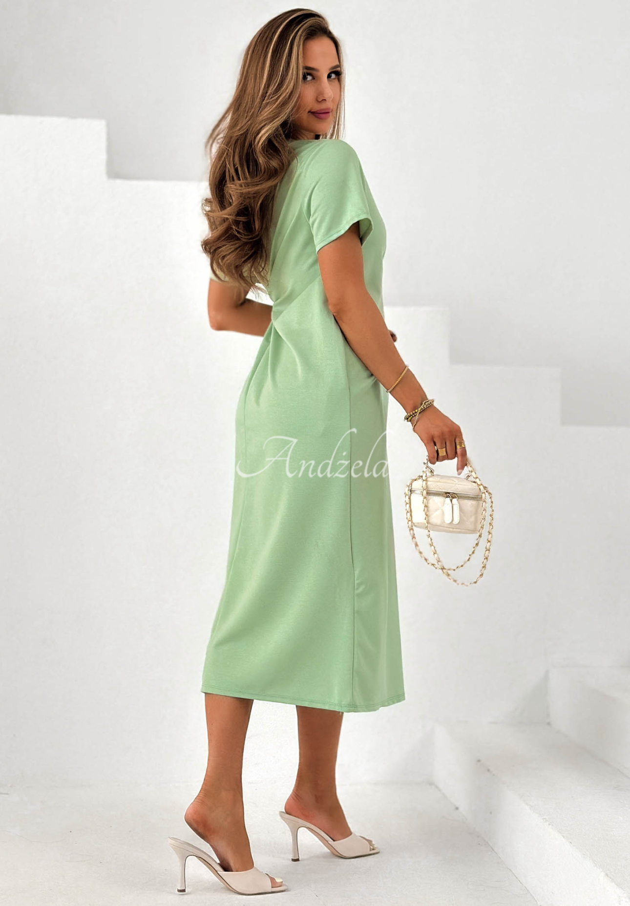 Stay With You Pistachio Viscose Midi Dress with Tie Detail