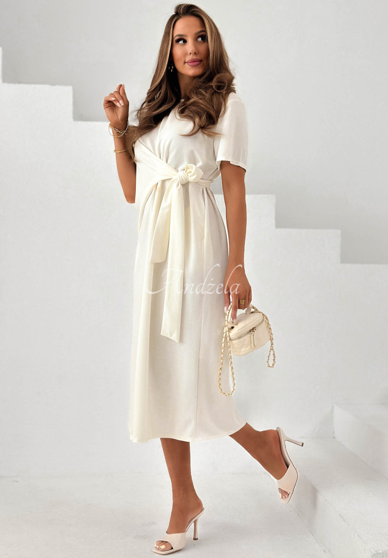 Stay With You ecru viscose midi dress with a tie