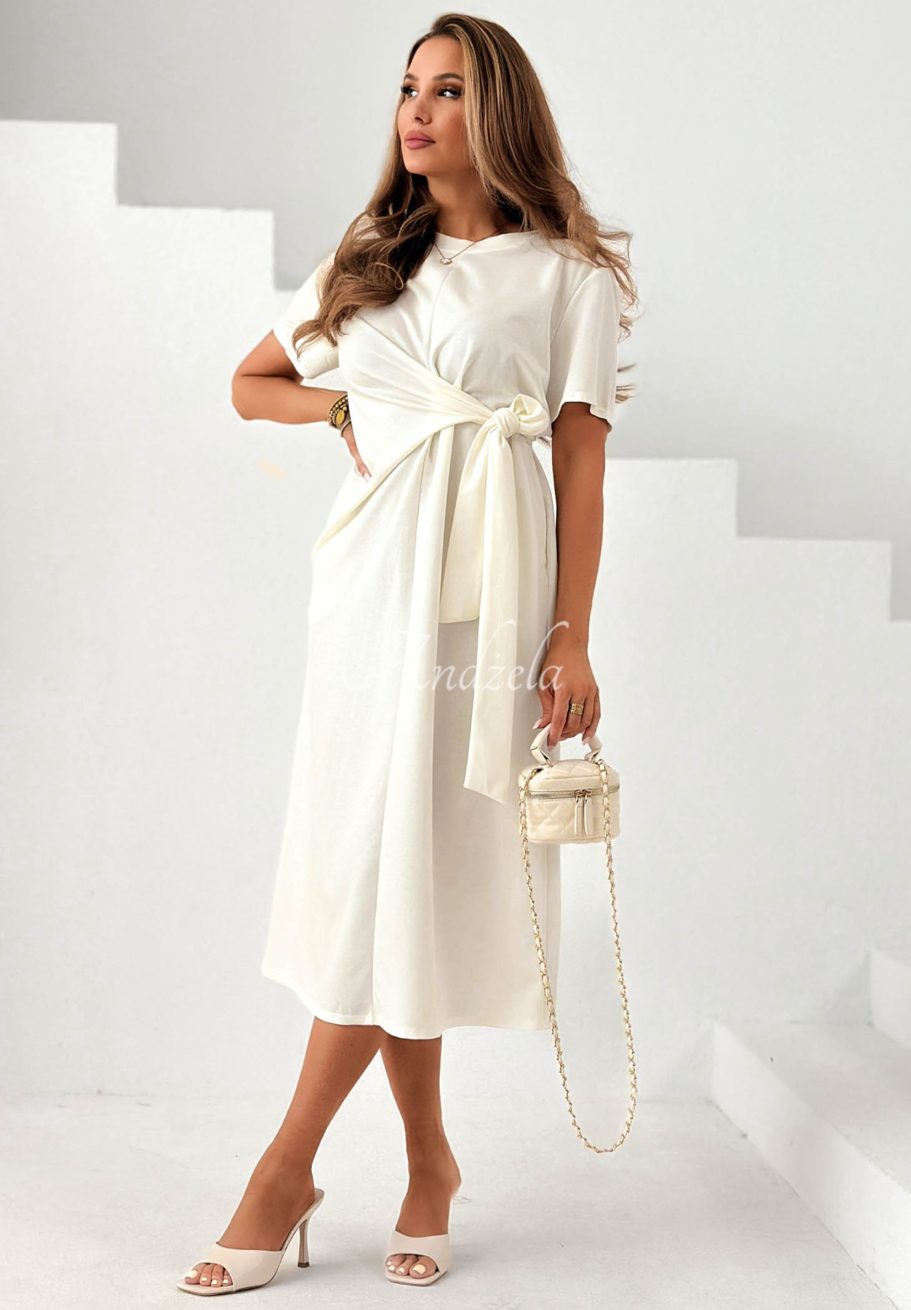 Stay With You ecru viscose midi dress with a tie