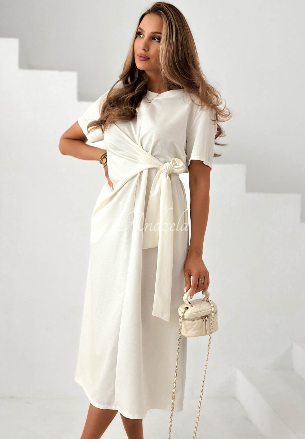 Stay With You ecru viscose midi dress with a tie