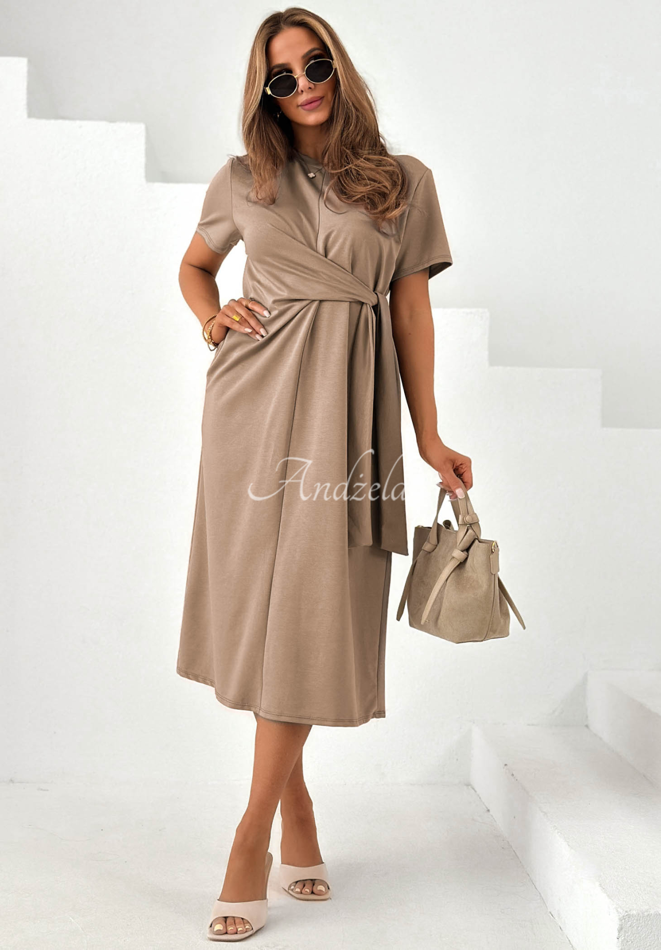 Stay With You camel-colored viscose midi dress with a tie