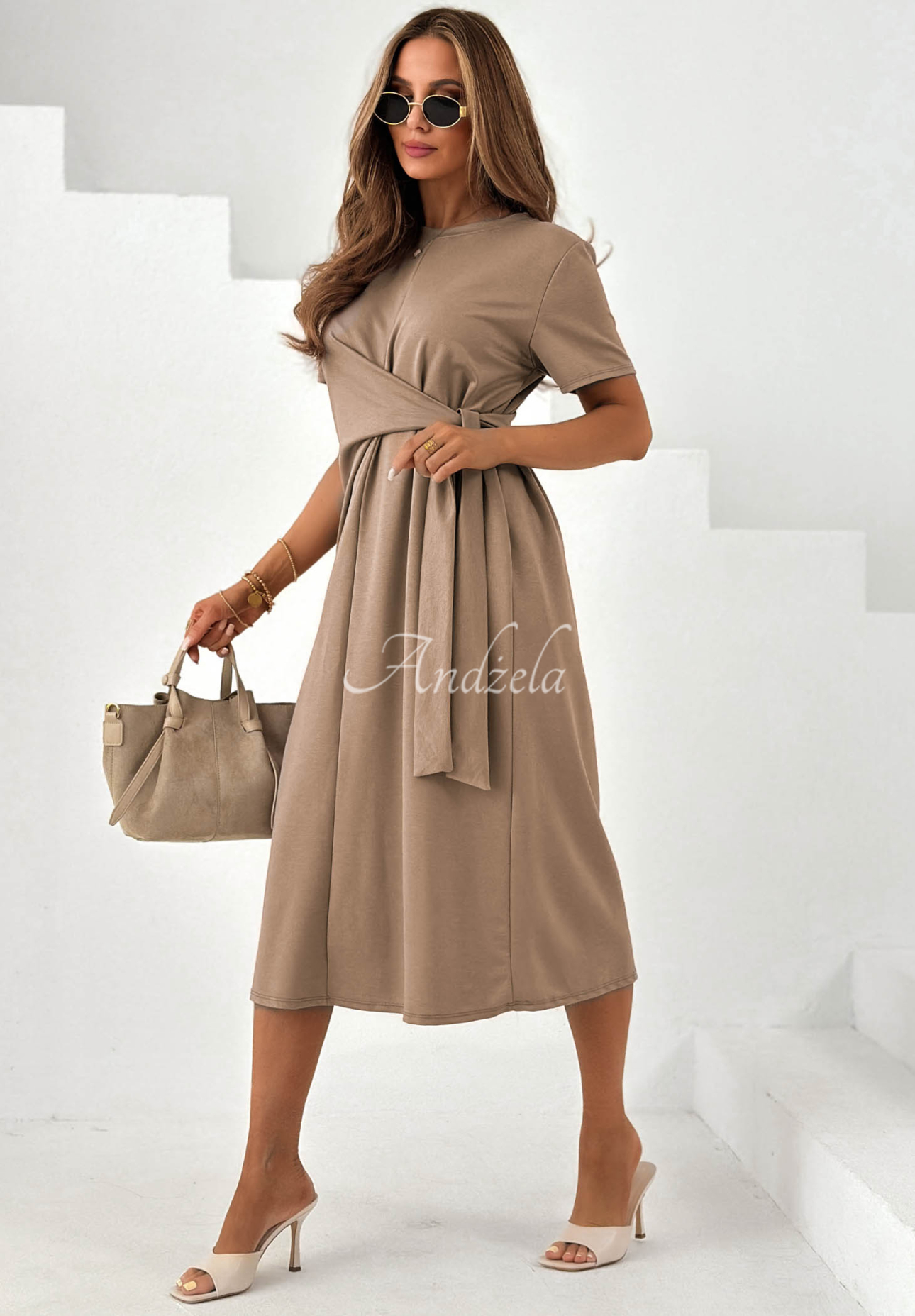 Stay With You camel-colored viscose midi dress with a tie