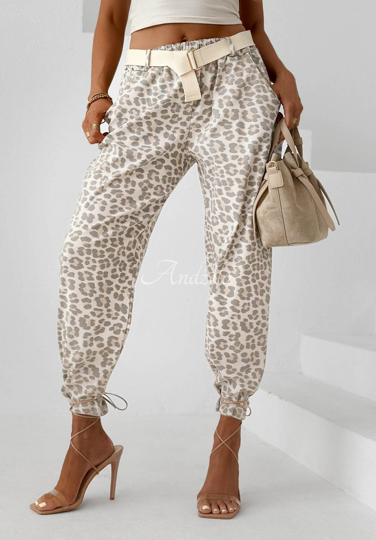 Tropical Trip Beige Leopard-Print Viscose Pants with a Belt
