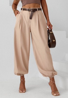 Elegant beige Desert City jogger pants with a belt
