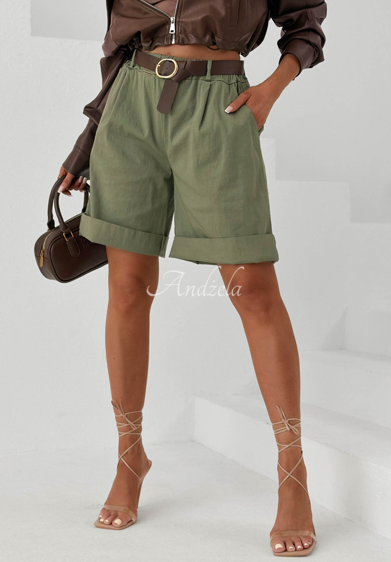 Sun Honey khaki cotton shorts with a belt