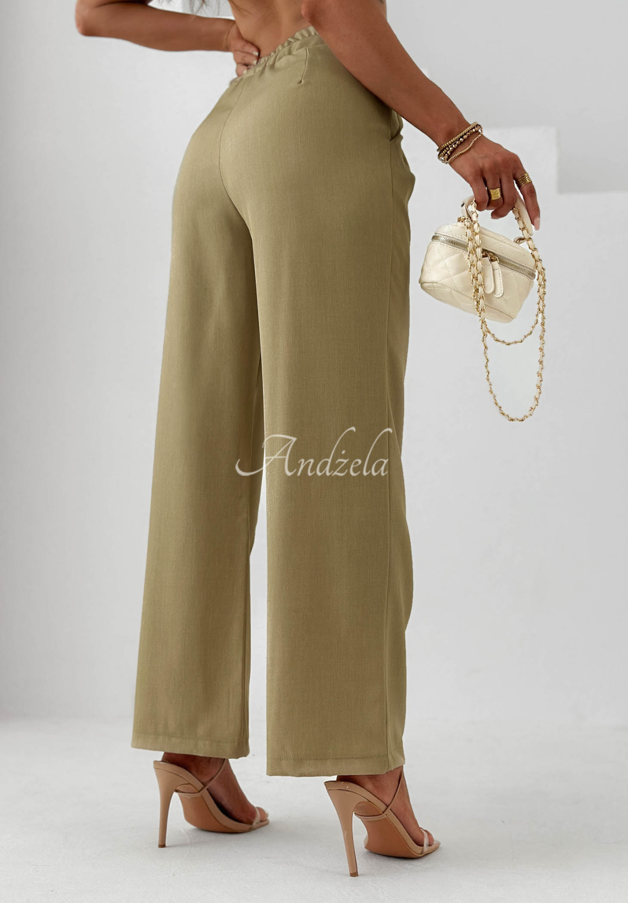 Materiałowe spodnie wide leg z wiskozą Sand Club khaki