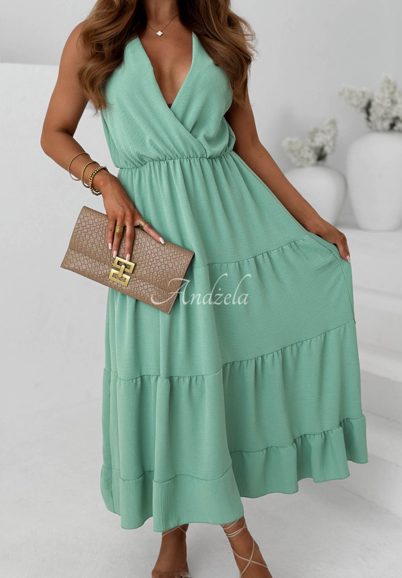 Sunwave Sage-Colored Viscose Maxi Dress with Straps and Ruffles