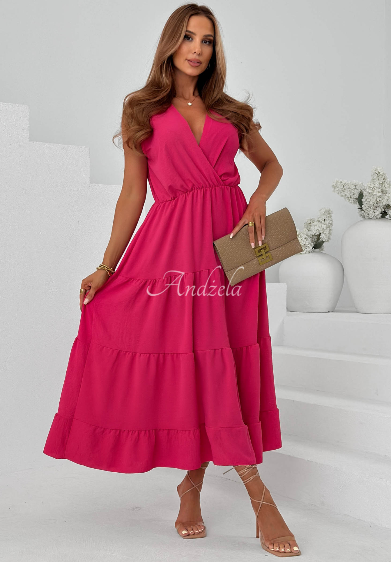 Sunwave Fuchsia Viscose Maxi Dress with Straps and Ruffles