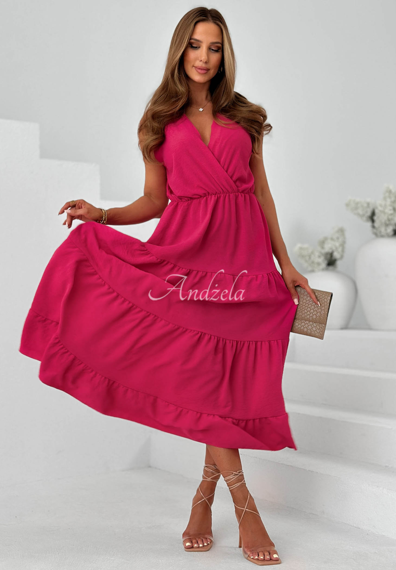Sunwave Fuchsia Viscose Maxi Dress with Straps and Ruffles