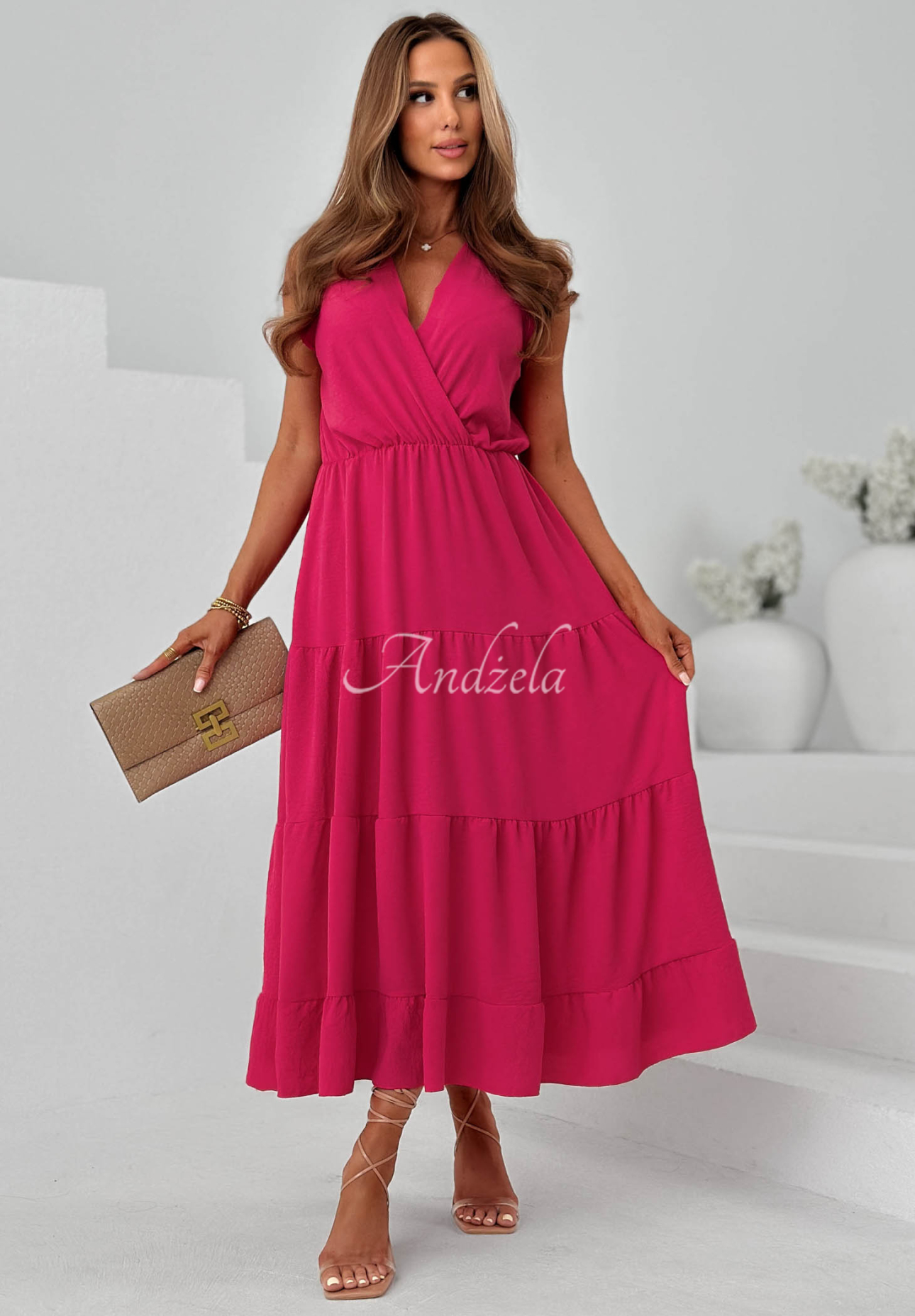 Sunwave Fuchsia Viscose Maxi Dress with Straps and Ruffles