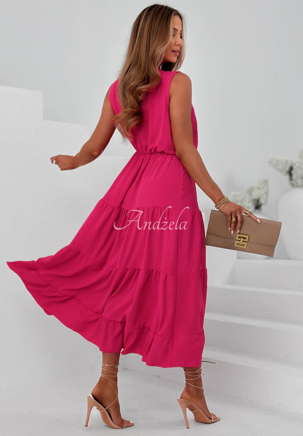Sunwave Fuchsia Viscose Maxi Dress with Straps and Ruffles