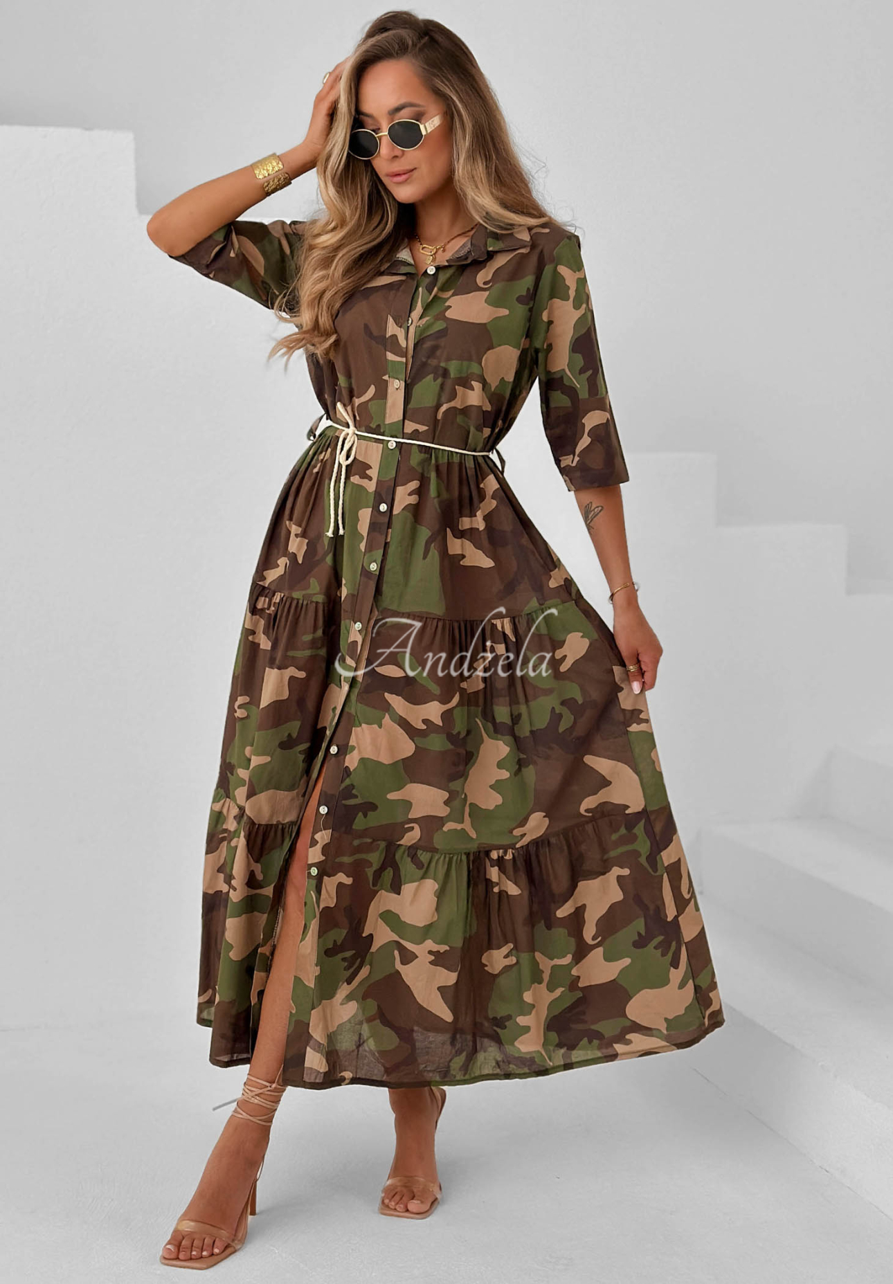 Verde Vibe khaki camouflage cotton maxi shirt dress with ruffles