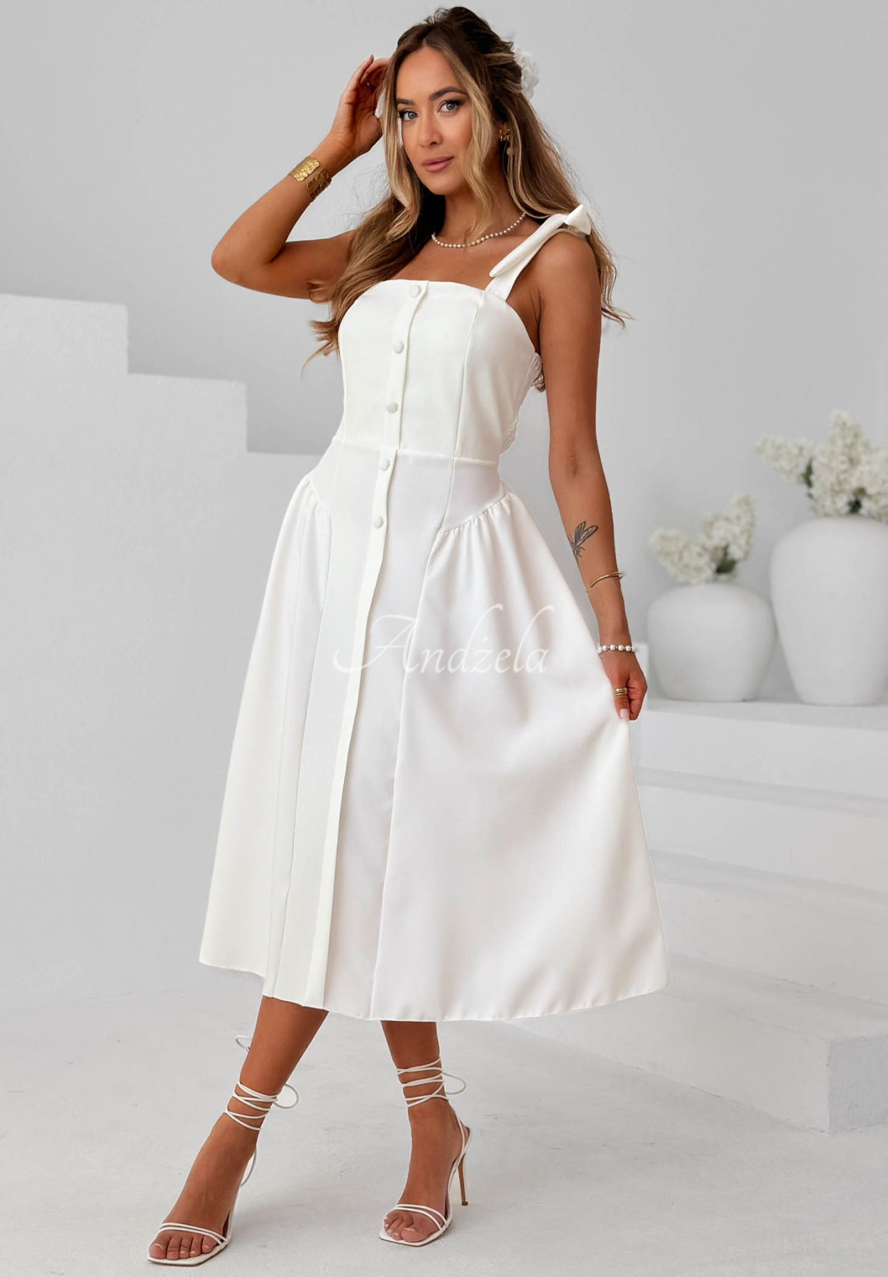 Sunset Aura Ecru Midi Dress with Tie-Strap Shoulders