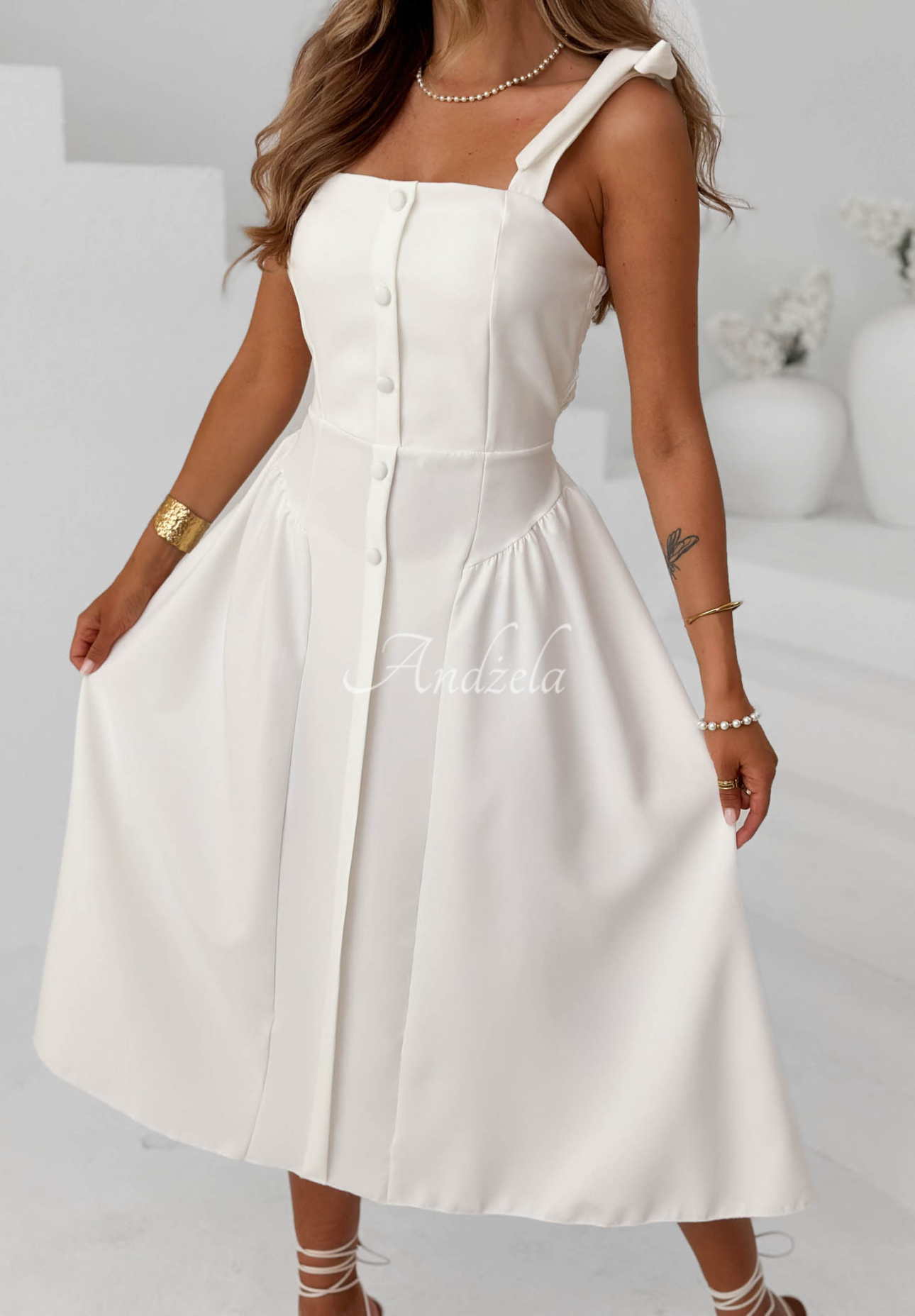 Sunset Aura Ecru Midi Dress with Tie-Strap Shoulders