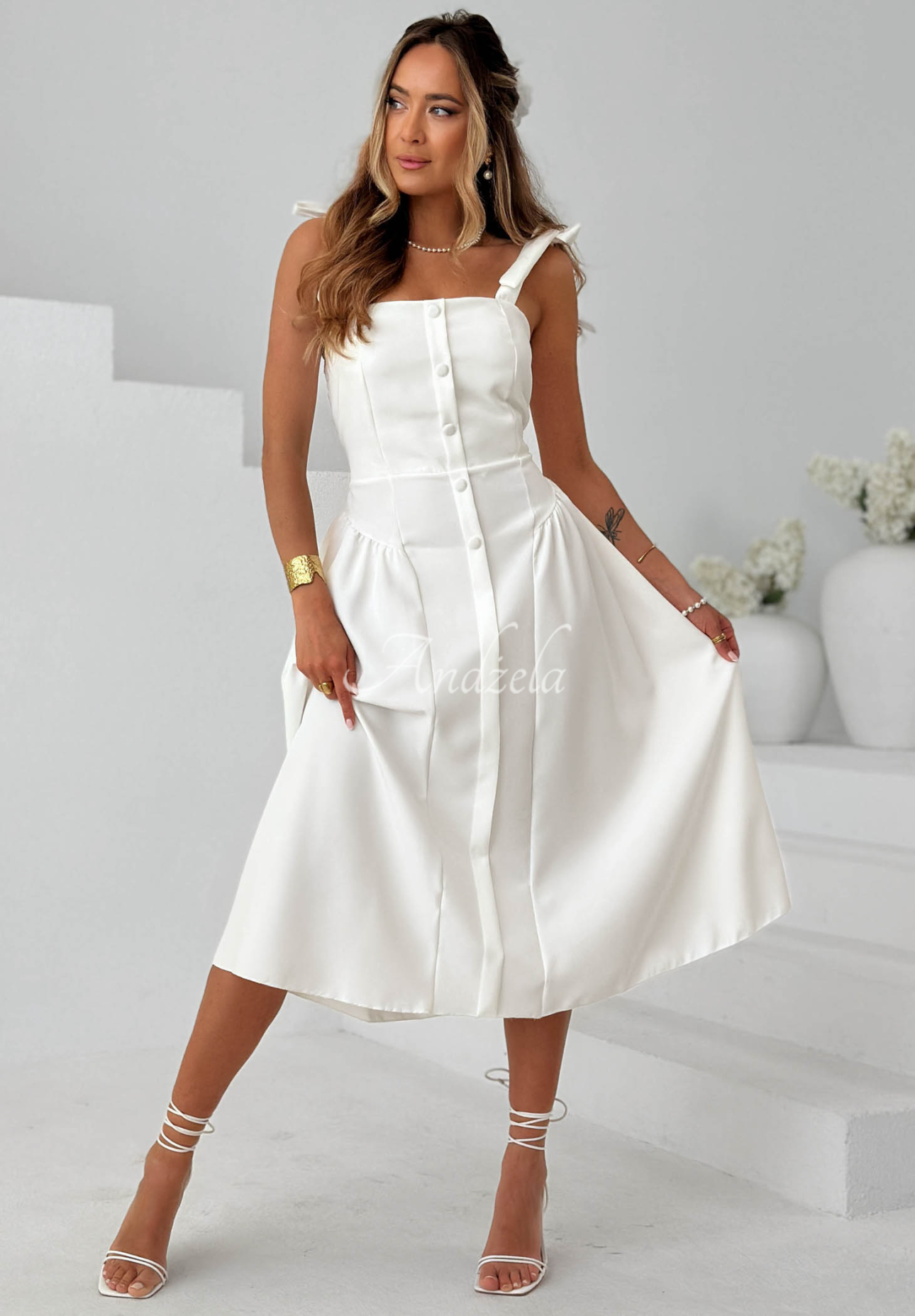 Sunset Aura Ecru Midi Dress with Tie-Strap Shoulders