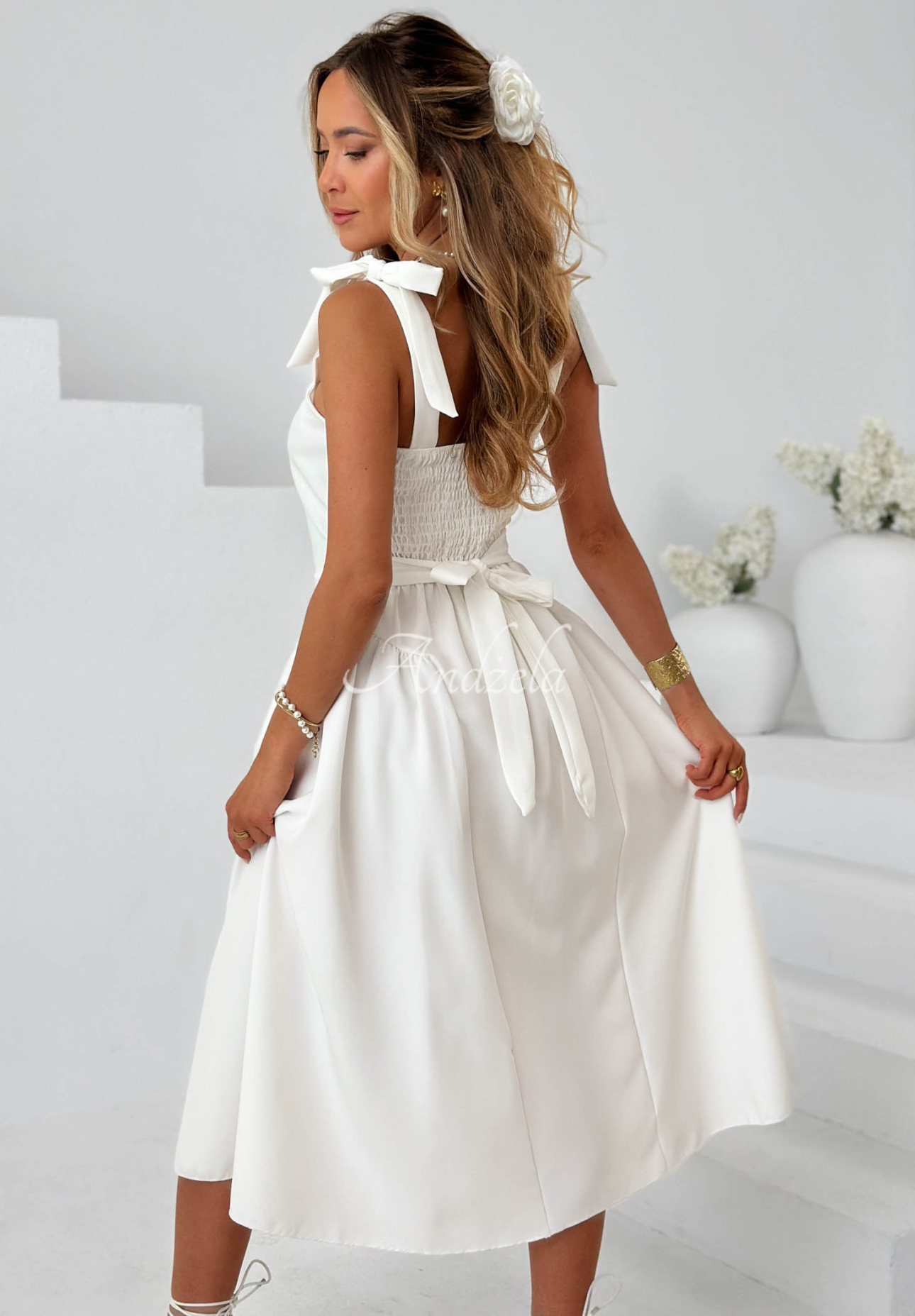 Sunset Aura Ecru Midi Dress with Tie-Strap Shoulders